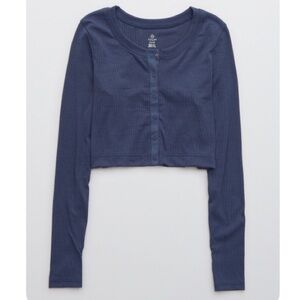 Aerie Offline Blue Ribbed Cropped Snap Cardigan
